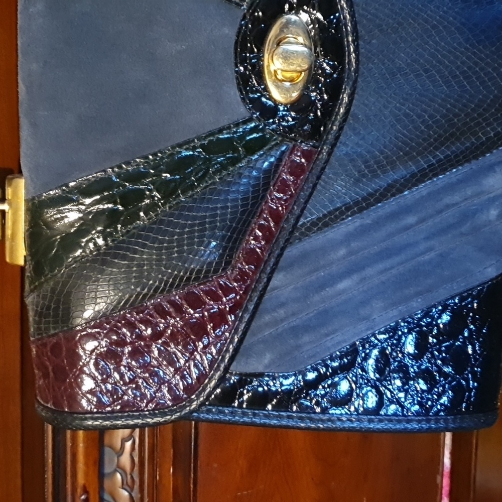 Vtg 80s Mock Croc Suede Satchel Tote - Picture 3 of 9